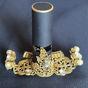 Vintage brass filigree GUC lipstick holder w/ intact rhinestones & faux pearls